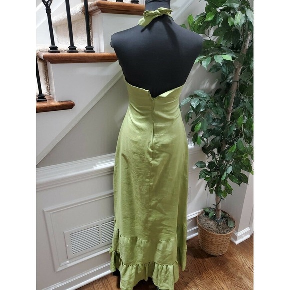 Foschini Women's Green 100% Ramie Sleeve Less V-Neck Long Maxi Dress Size 8 - Picture 7 of 11